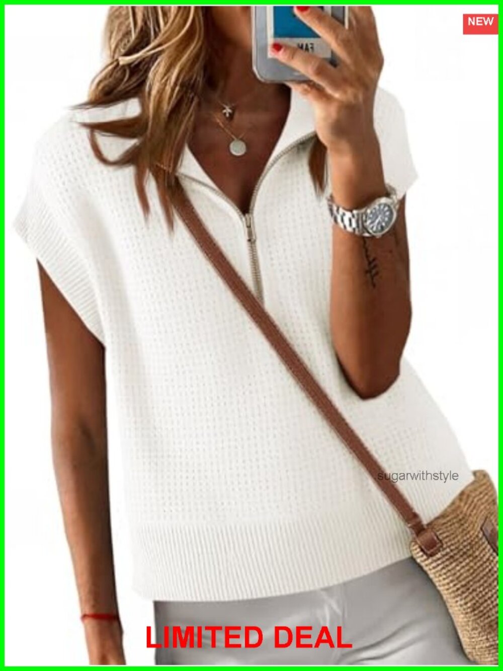 Cropped Knit Sweater Vest Half Zip Cap Sleeve Lightweight Oversized Pullover